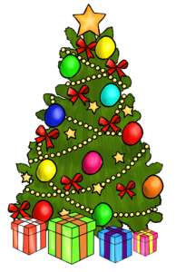 Decorated Christmas tree with colorful gifts.