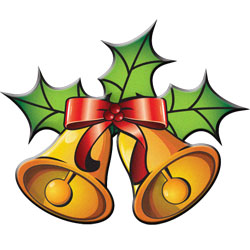 Golden Christmas bells with holly and a red ribbon.