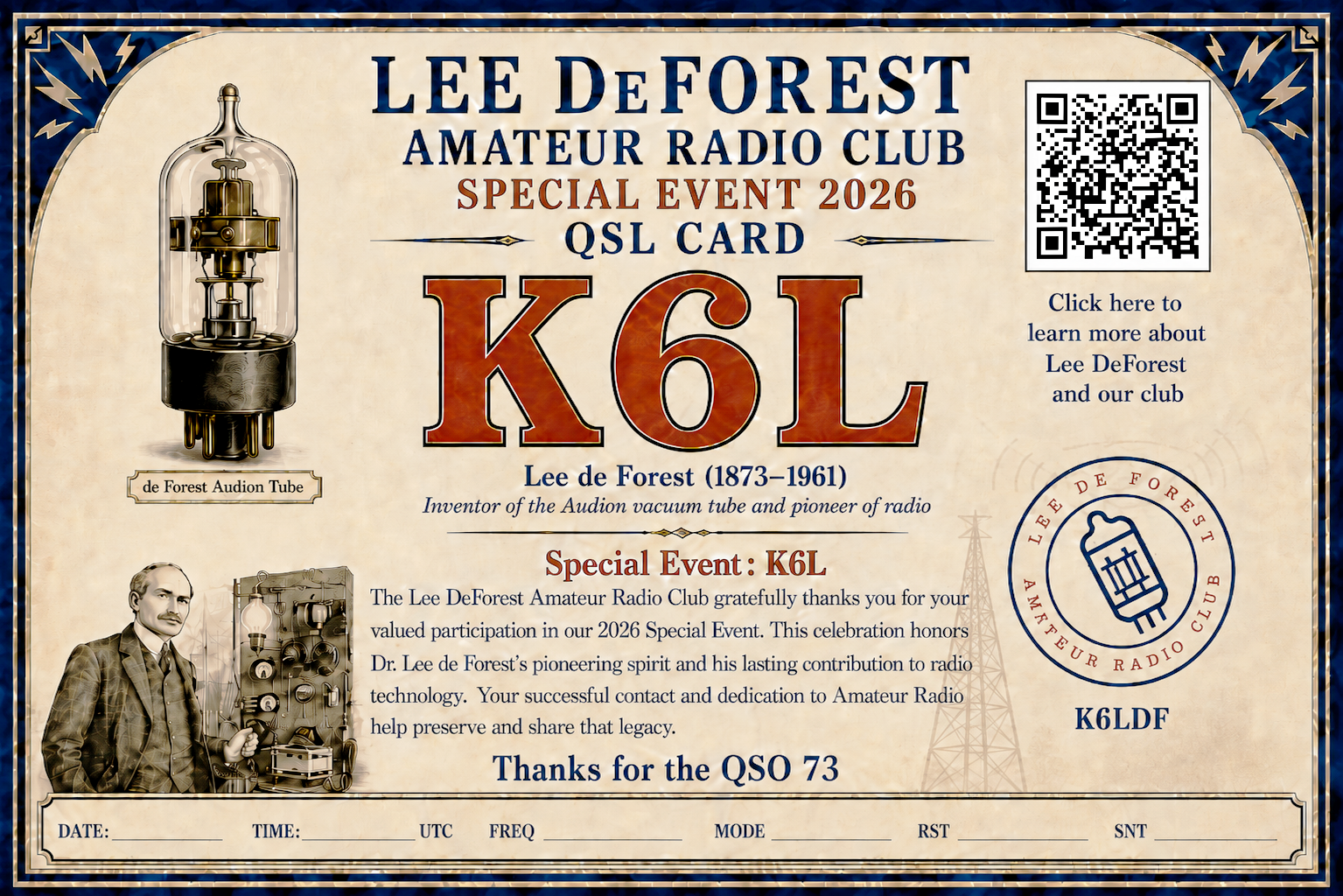 K6L Lee De Forest special-event QSL card