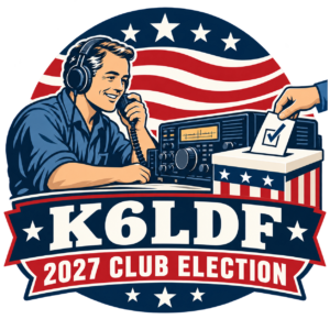 Patriotic amateur radio operator casting a ballot beside a radio, with K6LDF 2027 Club Election lettering.