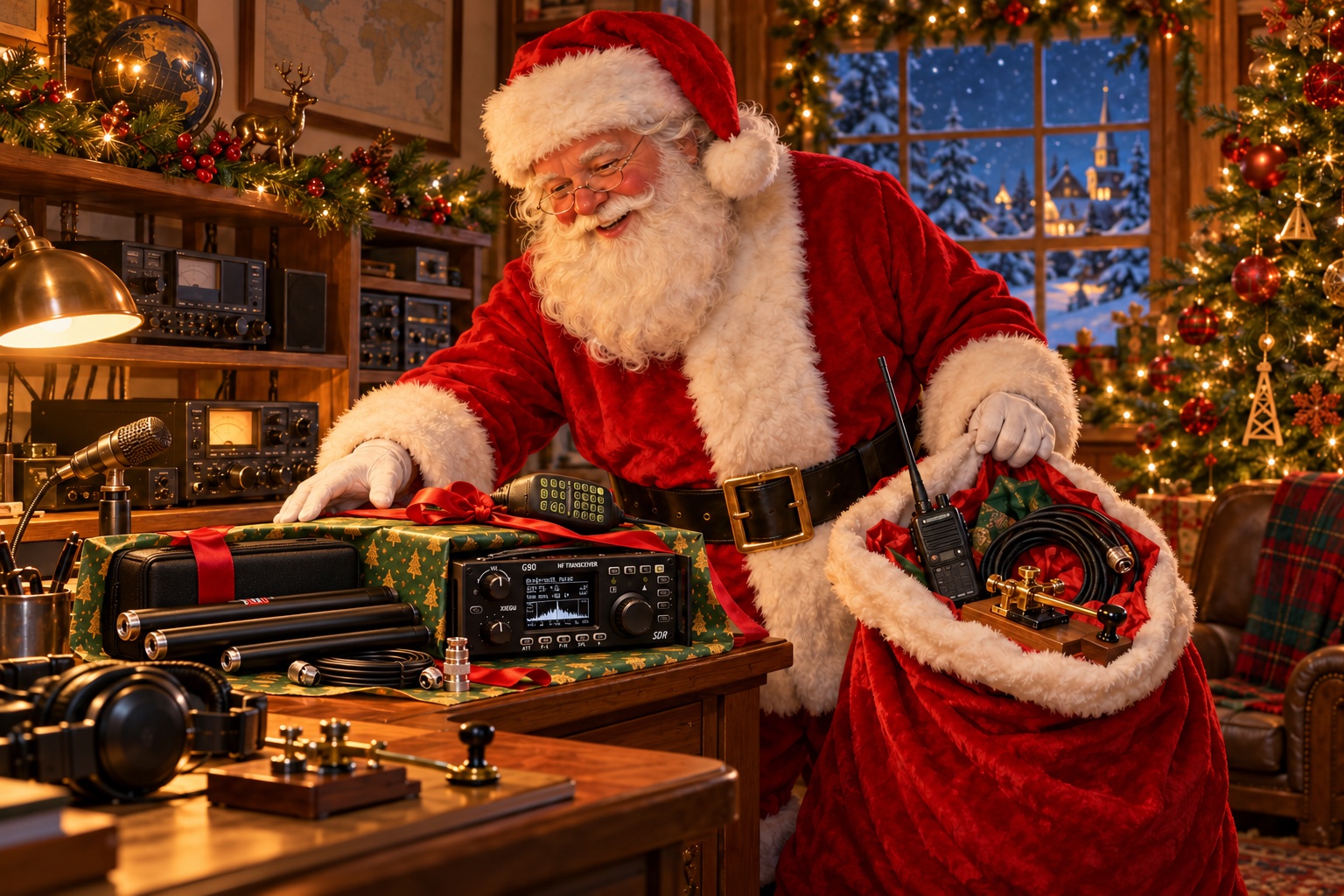Santa presents a G90 transceiver and its portable vertical multiband antenna kit in the warm Christmas radio room.